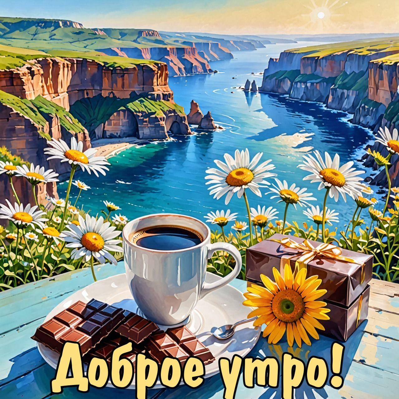 Утро, чашка кофе, шоколад, подарок на фоне природы