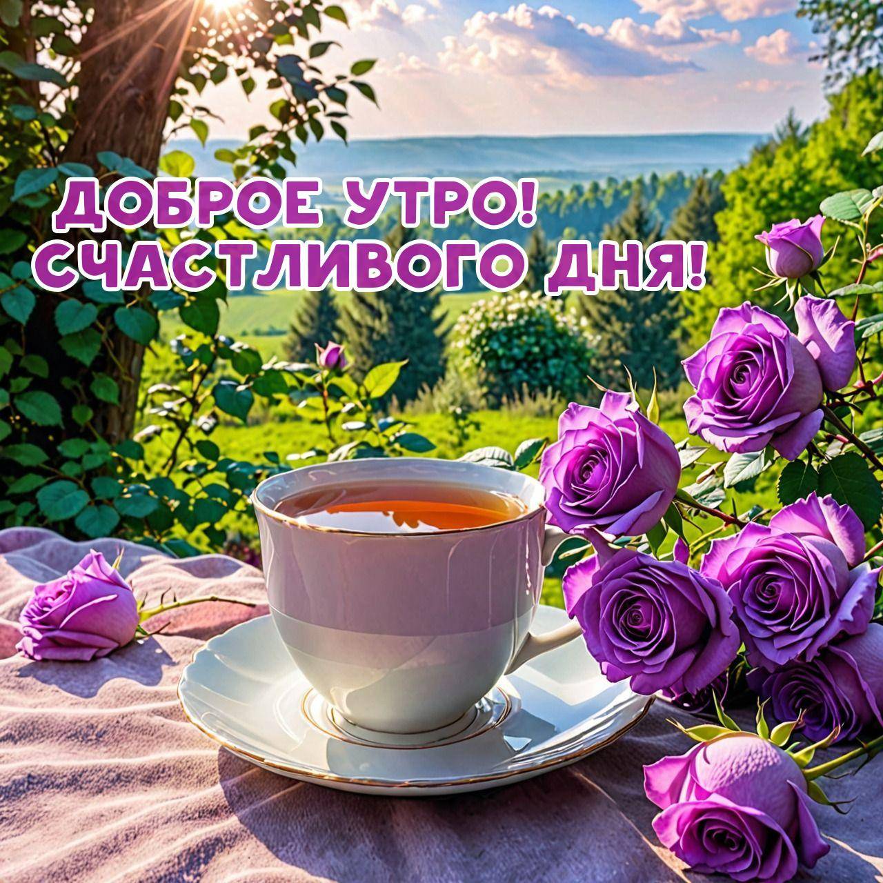 Утро, чашка с чаем на блюдце рядом с розами
