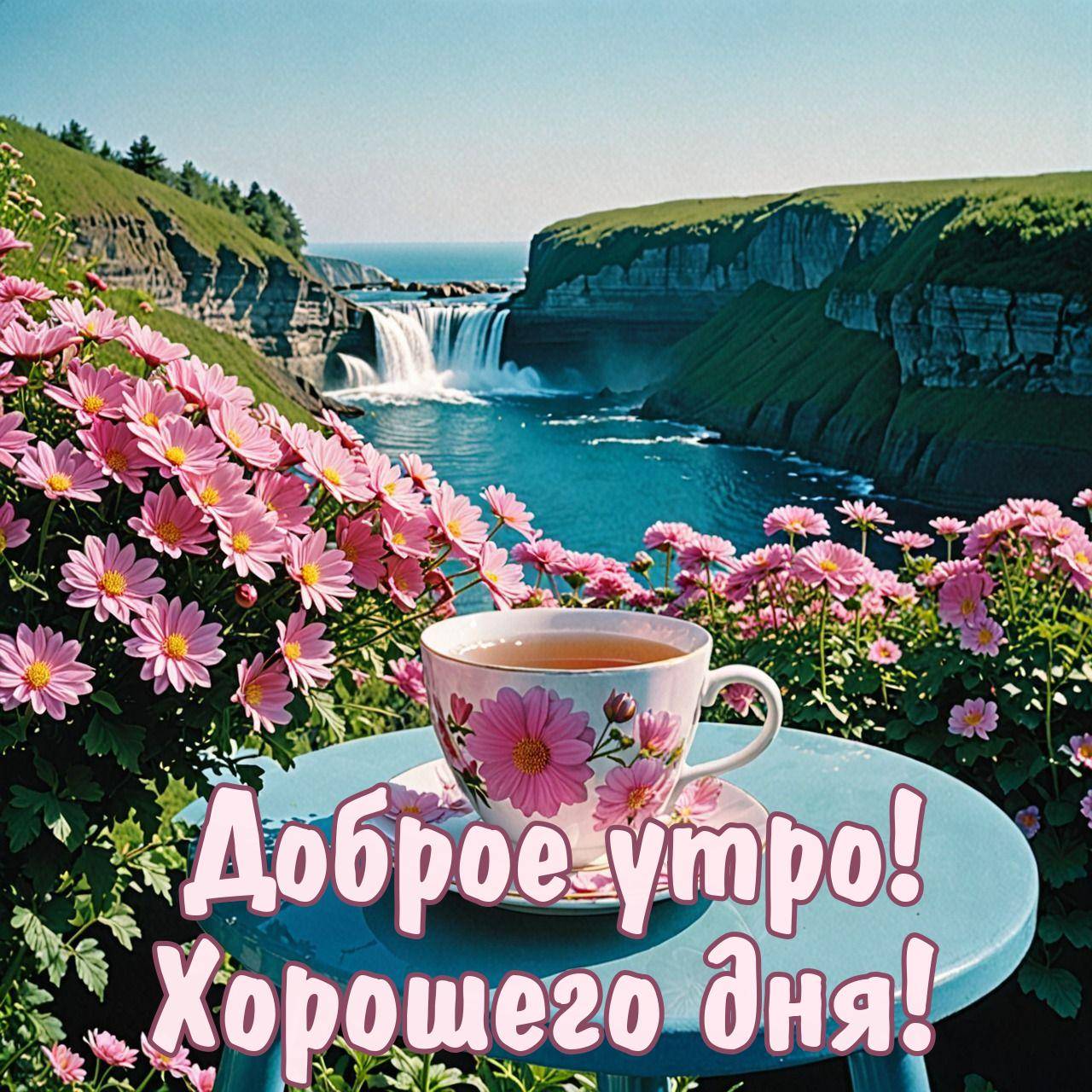 Утро, чашка с чаем на столике, цветы, водопад