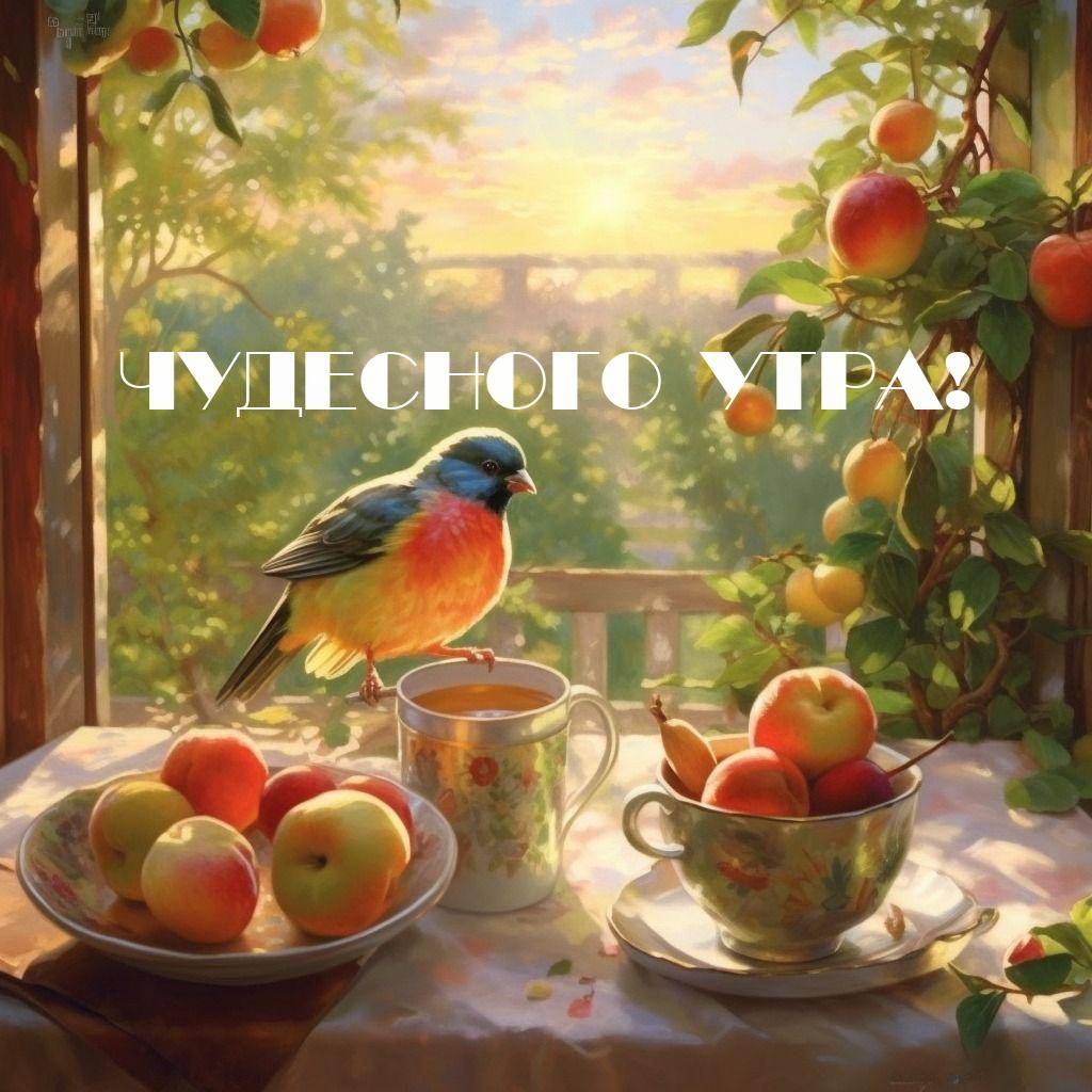 Утро, чашка с чаем, тарелка с яблоками и птица на окне