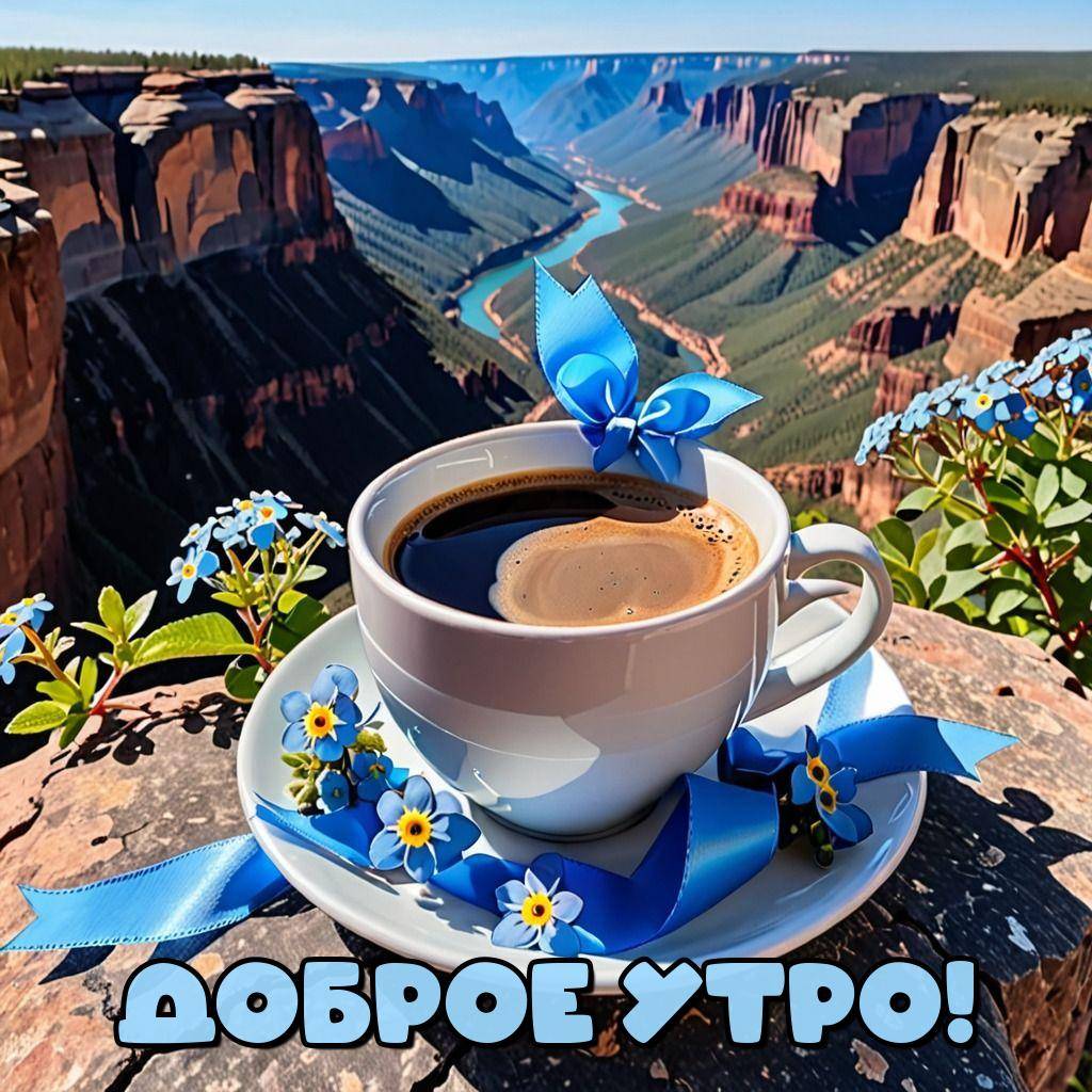 Утро, чашка с кофе, голубыми лентами и каньоном на заднем плане