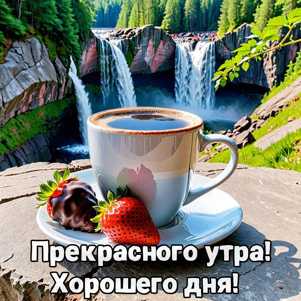 Утро, чашка с кофе и клубникой на фоне водопада