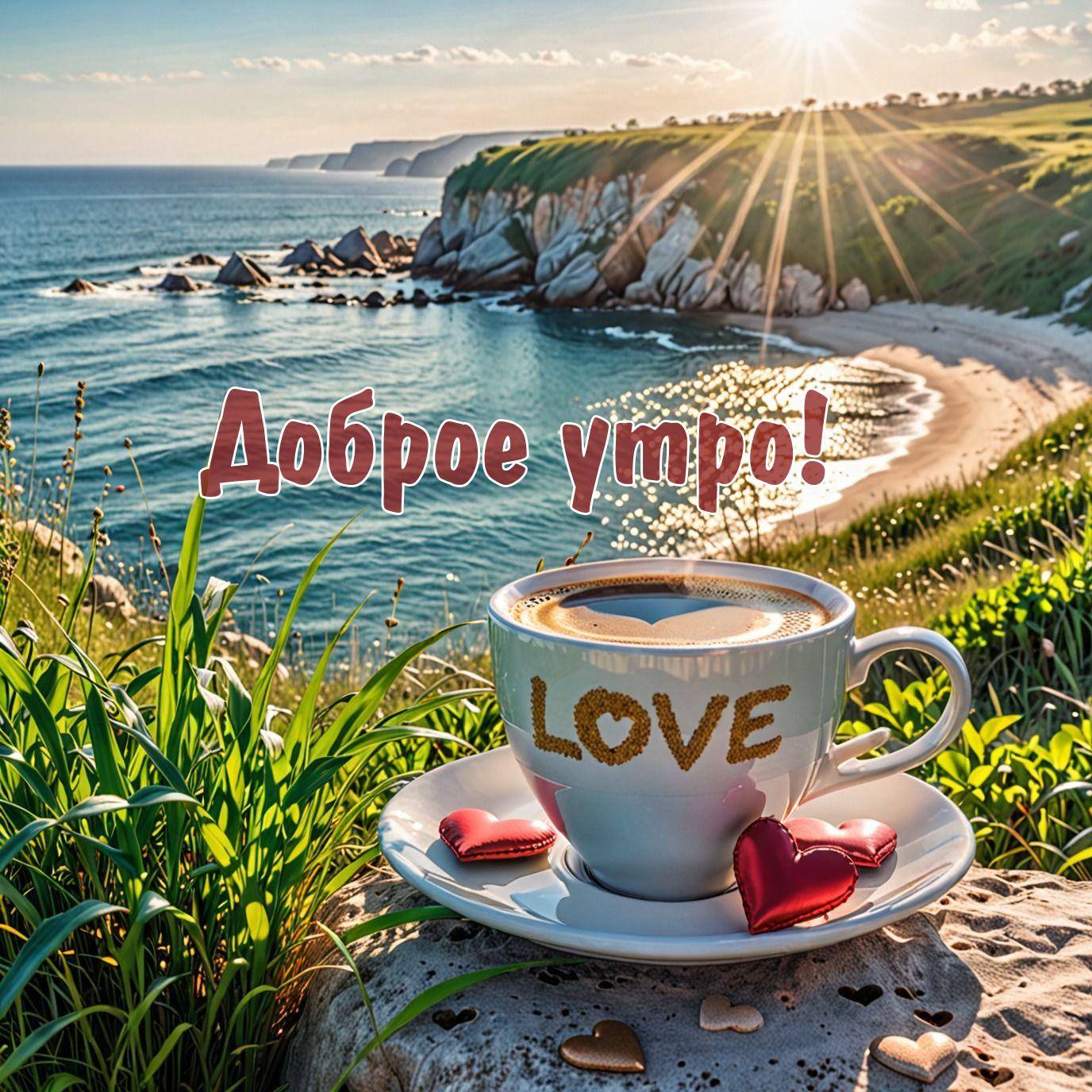 Утро, чашка с кофе на блюдце, LOVE, два сердечка, побережье, скалы, море