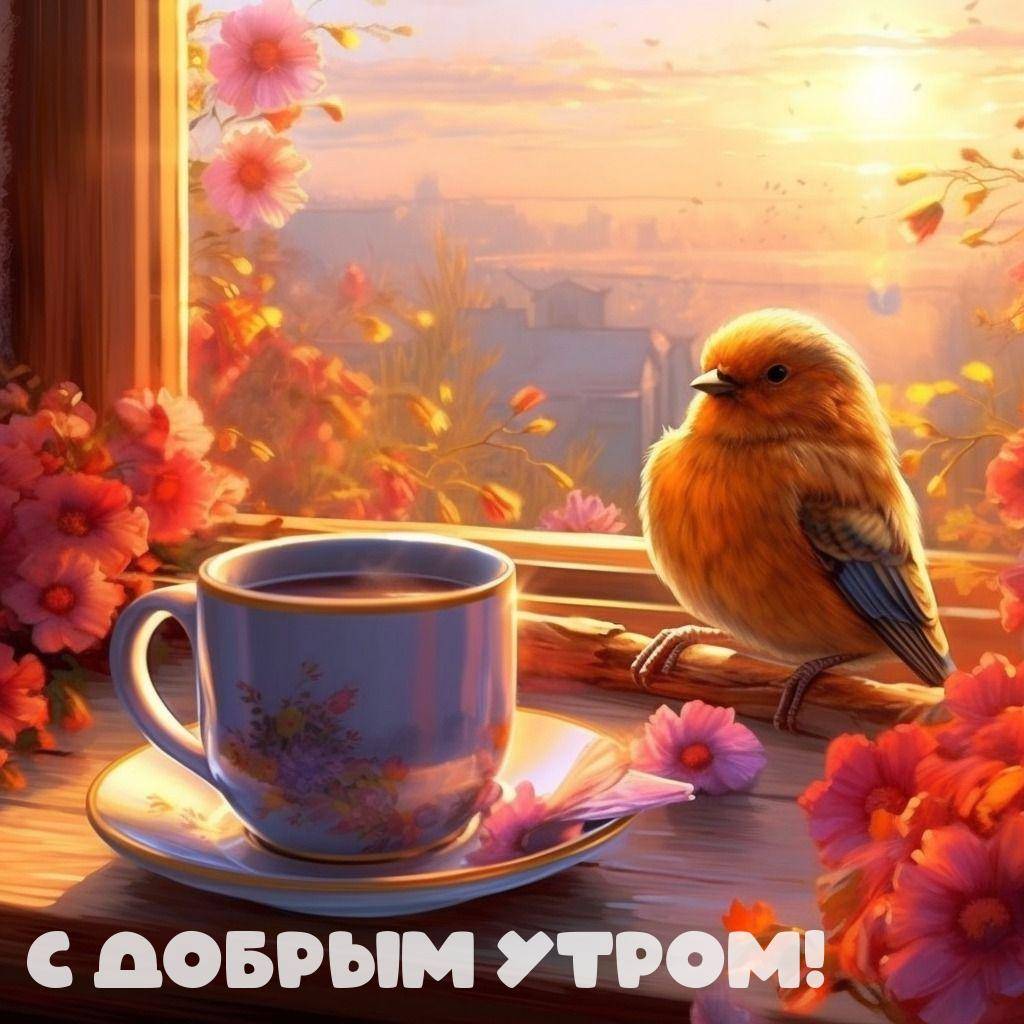 Утро, чашка с напитком и паром, птичка и цветы на подоконнике