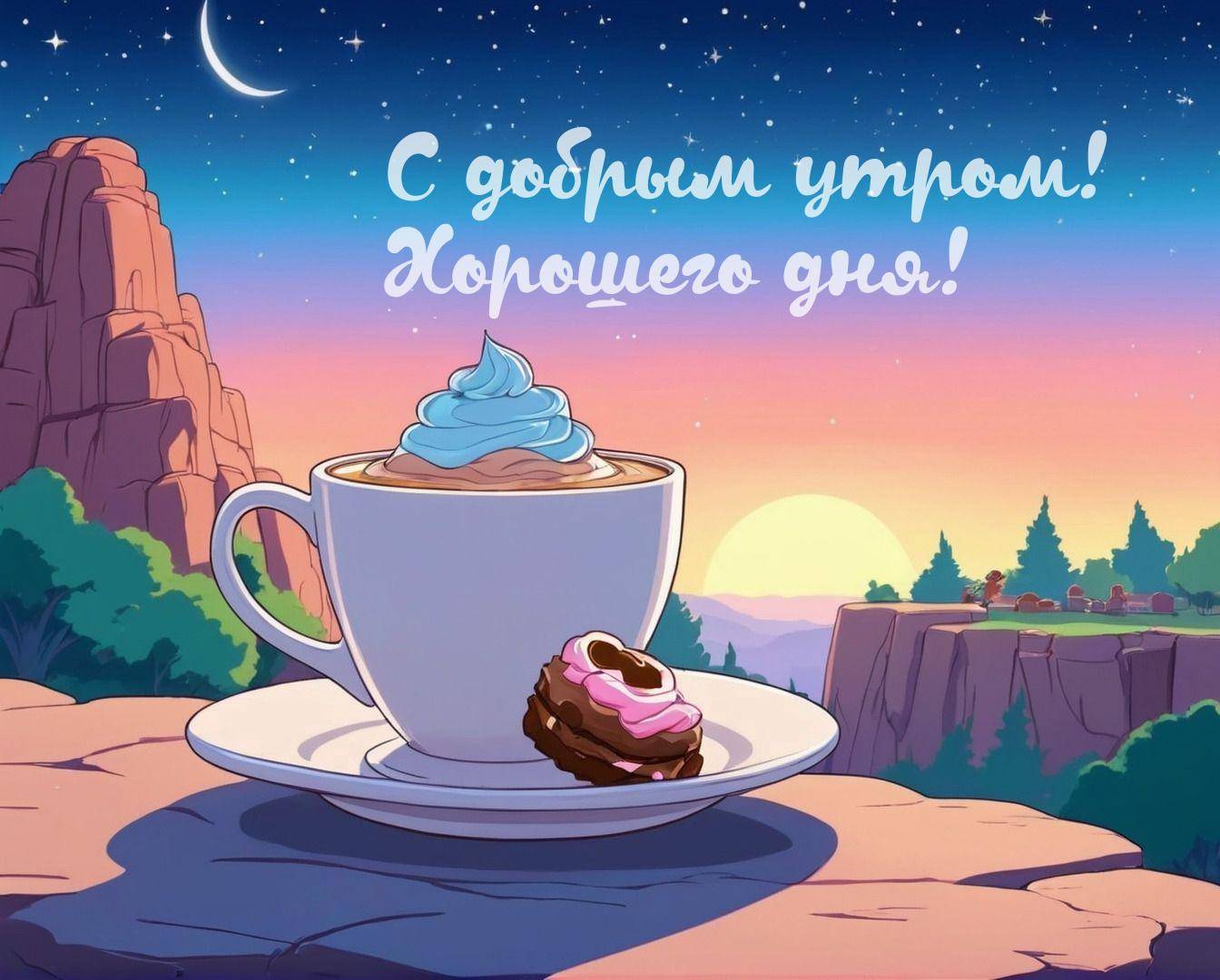 Утро, чашка с напитком и пончиком на фоне пейзажа