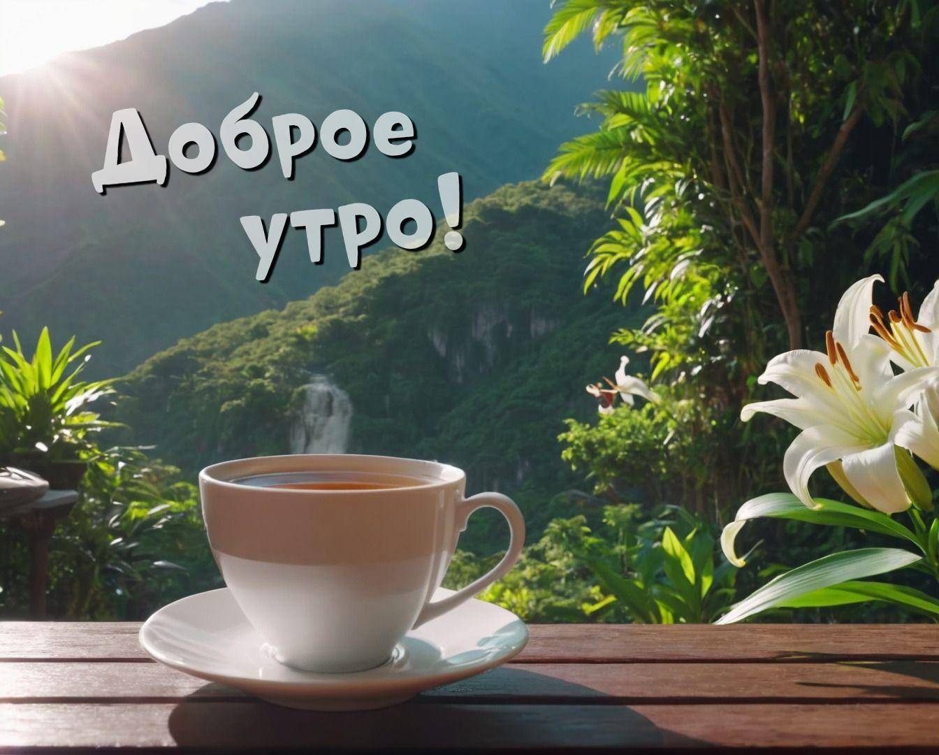Утро, чашка с напитком на столе с видом на горы