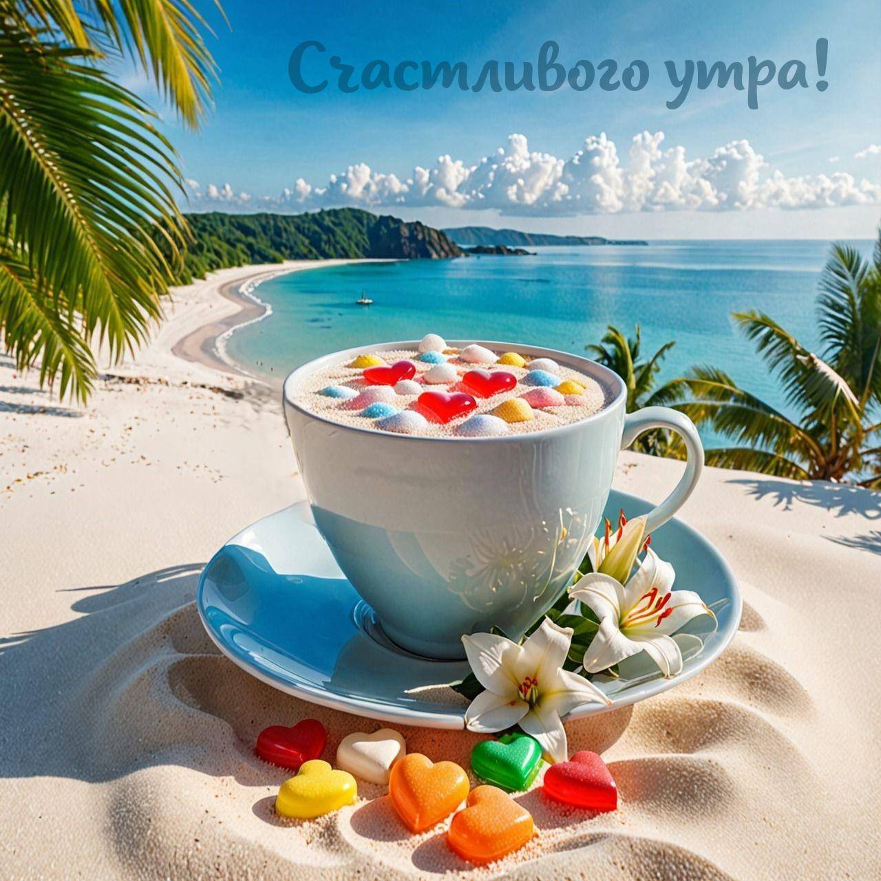 Утро, чашка с напитком, сердечки и цветы на пляже