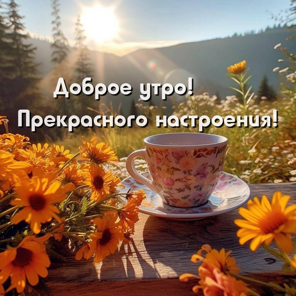 Утро, чашка с цветами и солнечный пейзаж