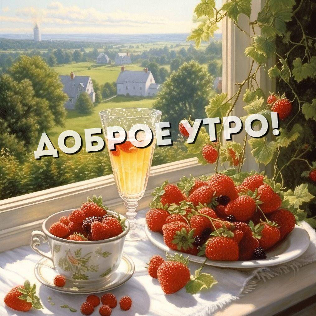 Утро, чашка с ягодами, тарелка клубники и бокал с напитком
