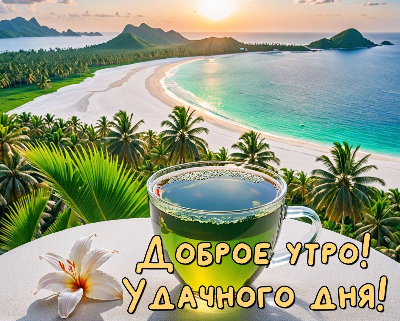 Утро, чашка с зелёным чаем и белый цветок на столе