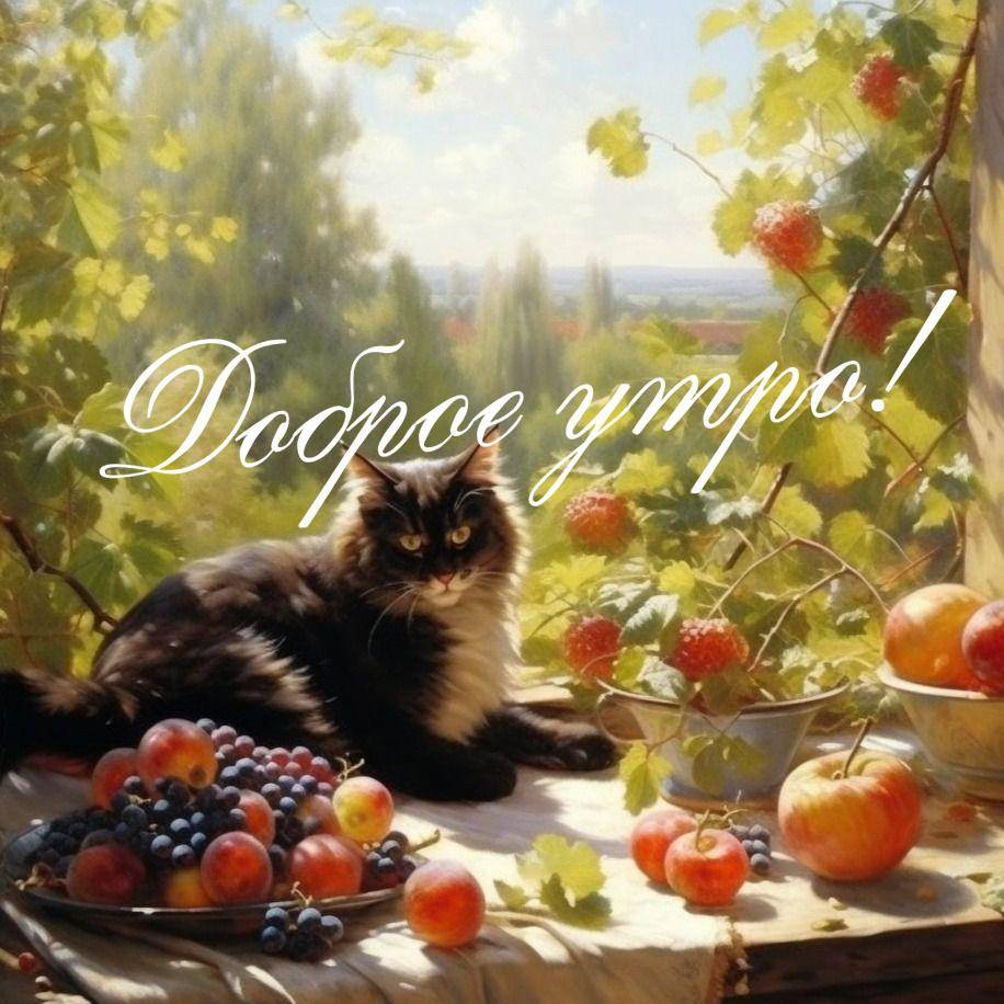 Утро, черно-белая кошка лежит на столе среди фруктов