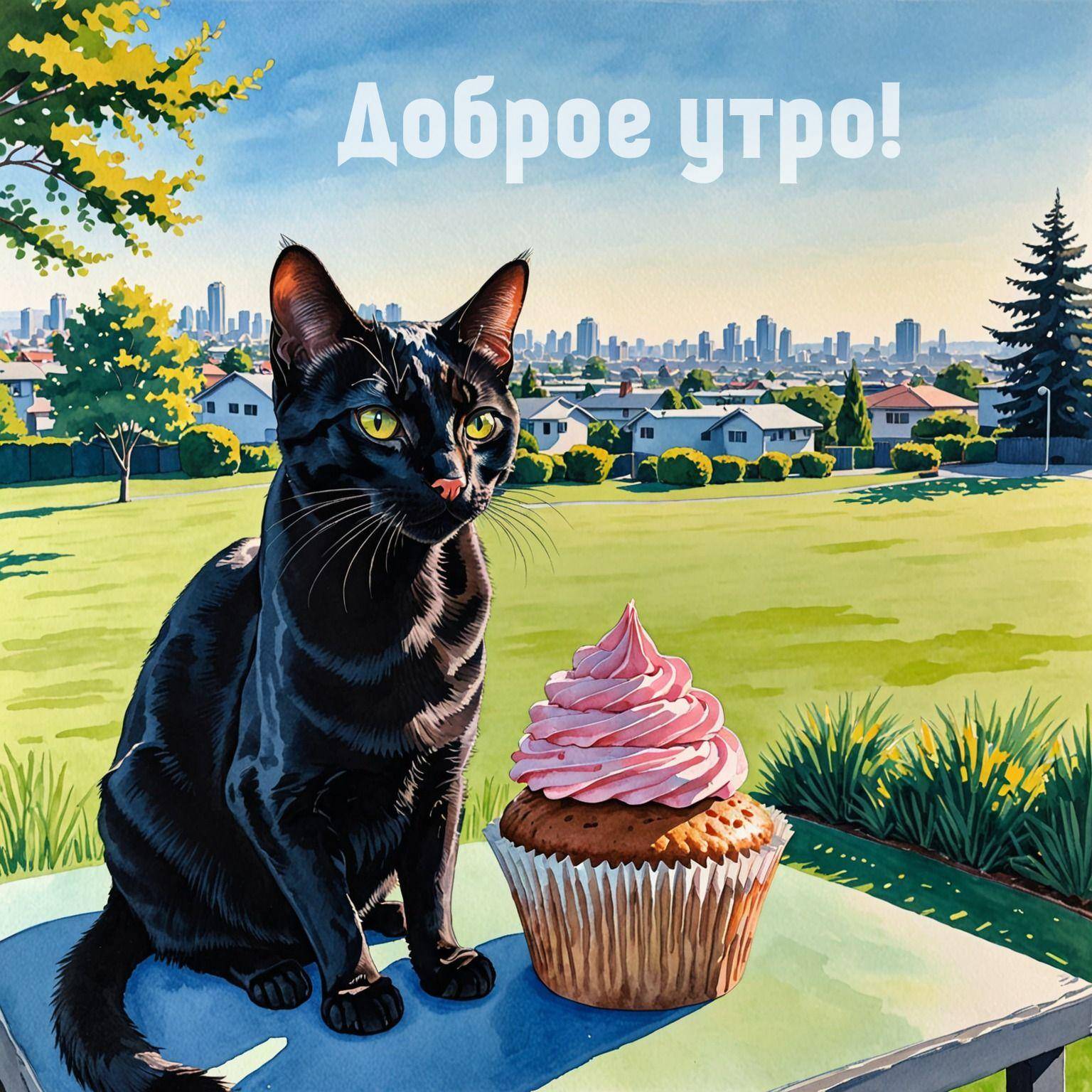 Утро, чёрный кот и кекс на фоне парка