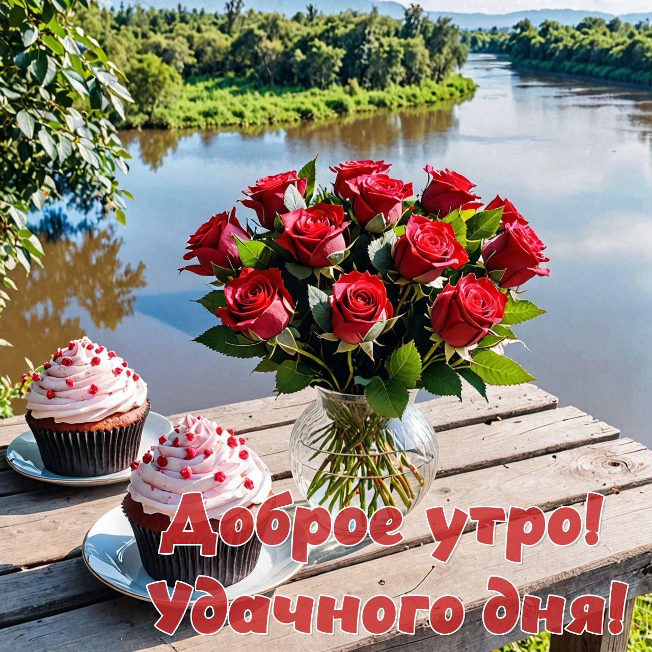 Утро, деревянный стол с кексами и вазой на фоне природы