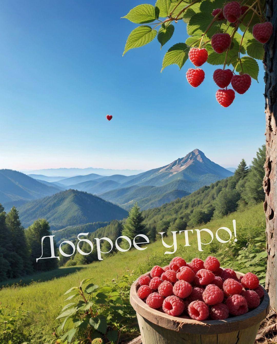 Утро, деревянное ведро с малиной на фоне гор