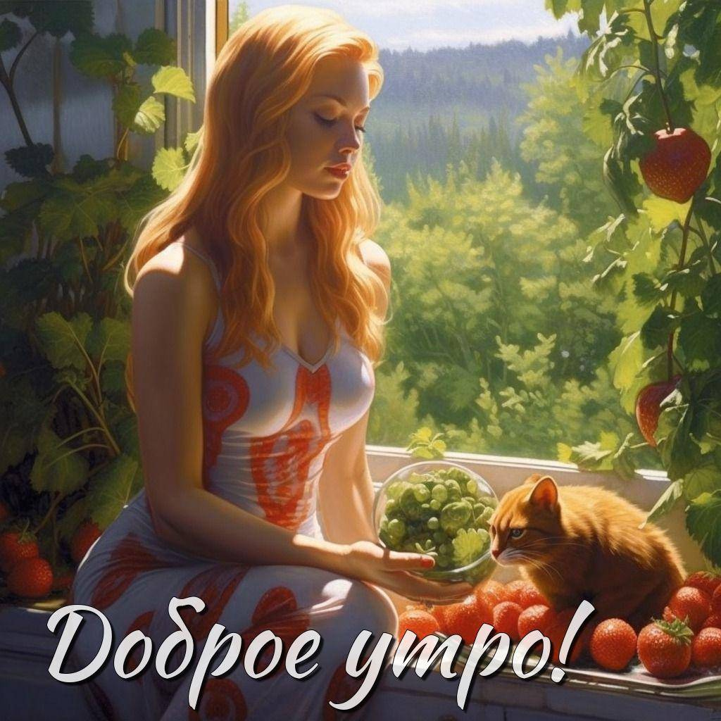 Утро, девушка на подоконнике с зелёным виноградом и кошкой