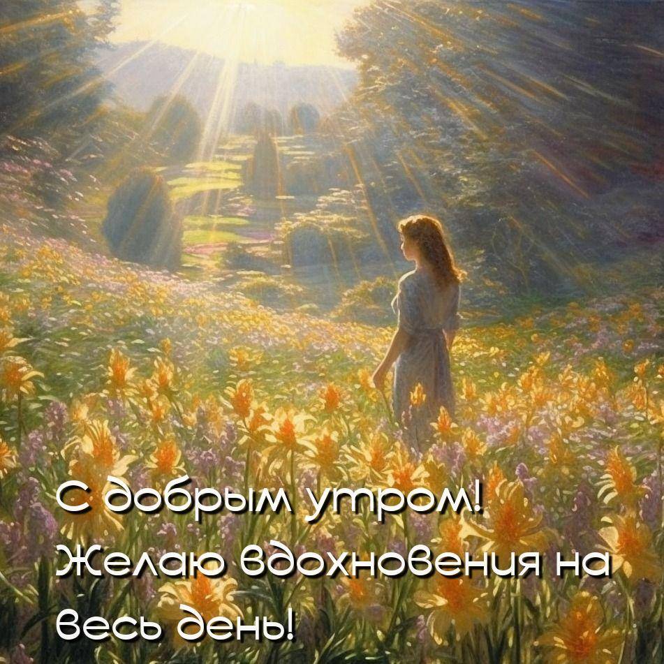 Утро, девушка на цветочном поле под лучами солнца