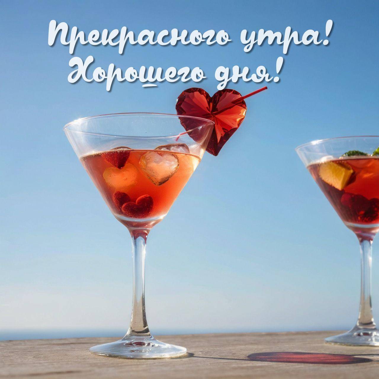Утро, два коктейля на фоне голубого неба