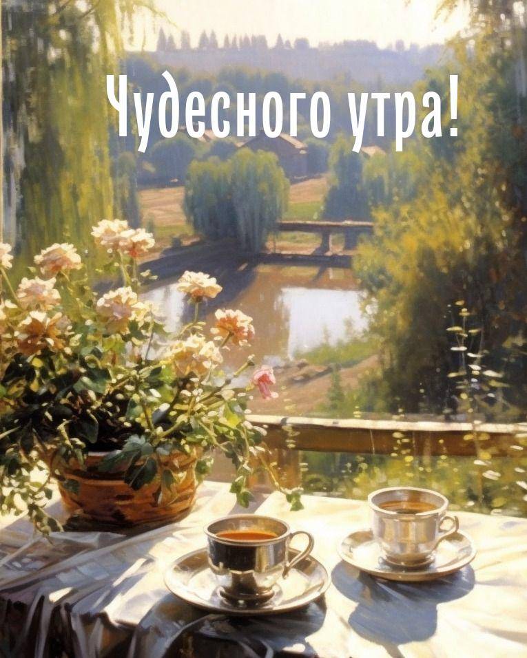 Утро, две чашки чая и горшок с розами на фоне реки