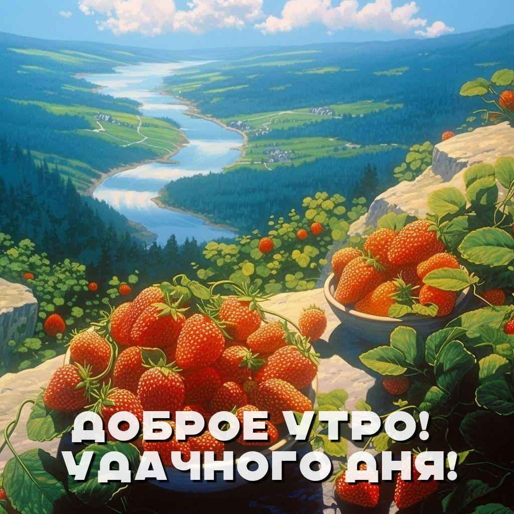 Утро, две миски с красной клубникой на фоне реки и полей