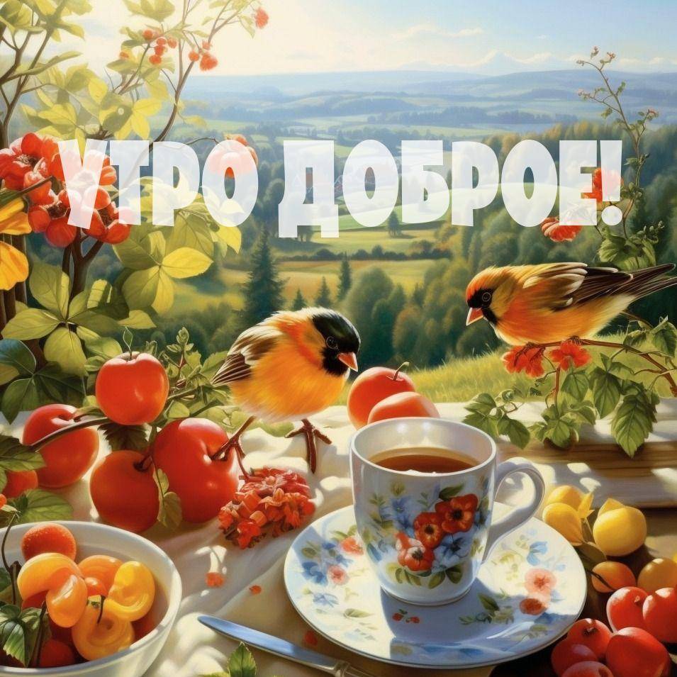 Утро, две птицы с фруктами и чашкой чая