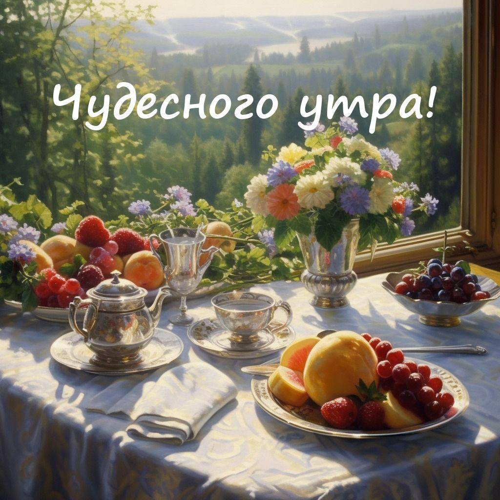 Утро, элегантно накрытый стол с фруктами и посудой