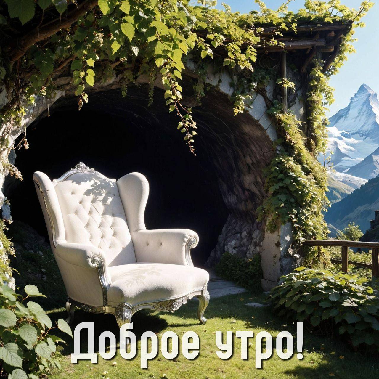 Утро, элегантное белое кресло перед туннелем, зелень