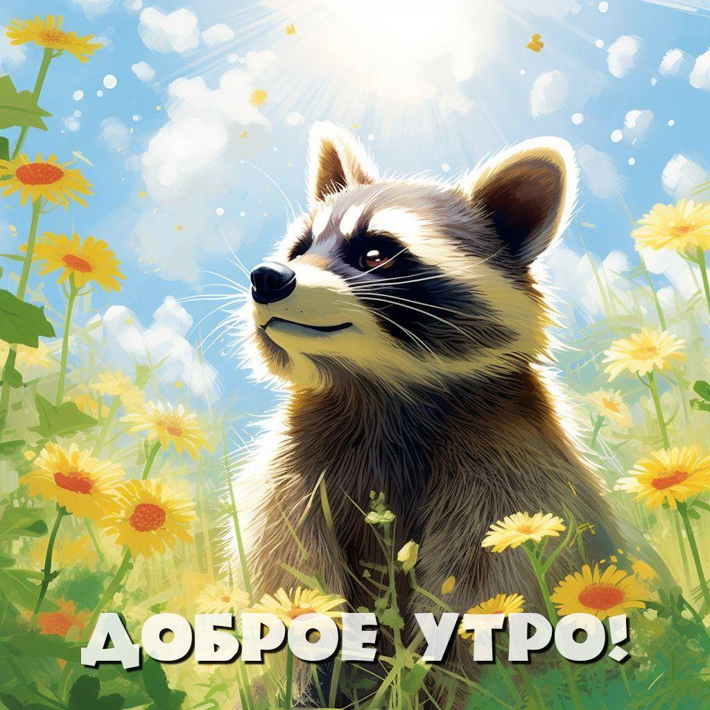 Утро, енот на фоне неба и облаков