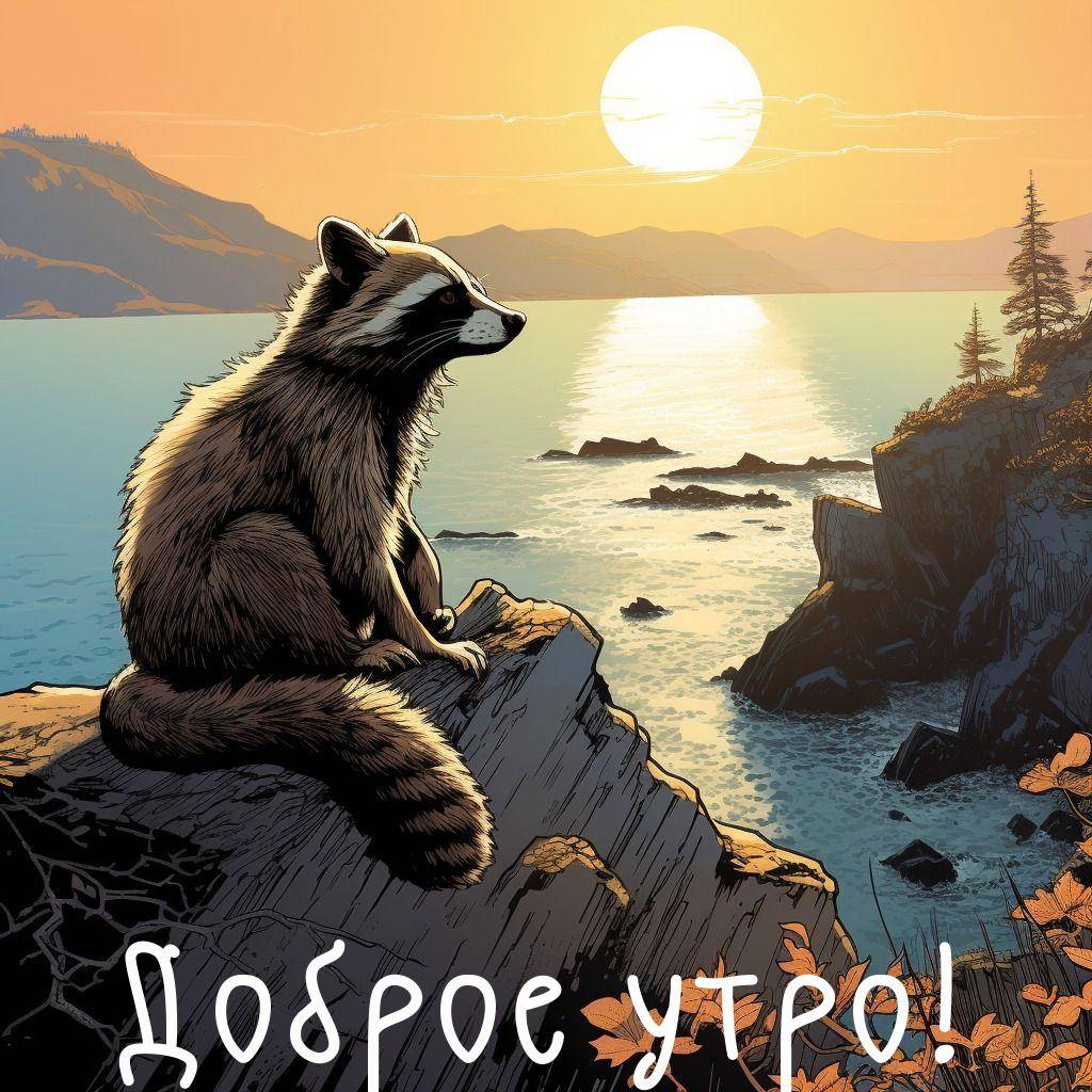 Утро, енот на скале у моря, закат или рассвет