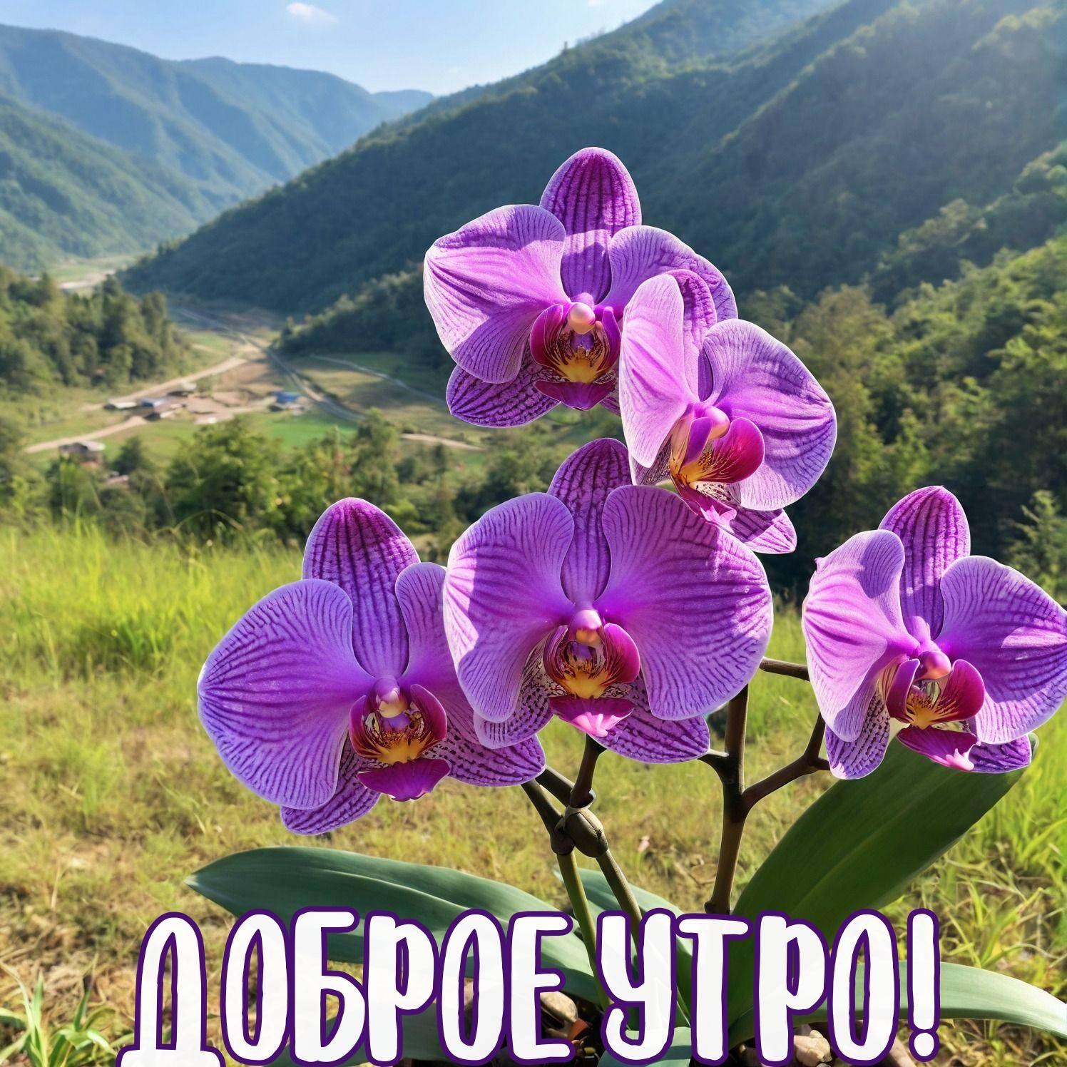 Утро, фиолетовые орхидеи, холмы и ясное небо
