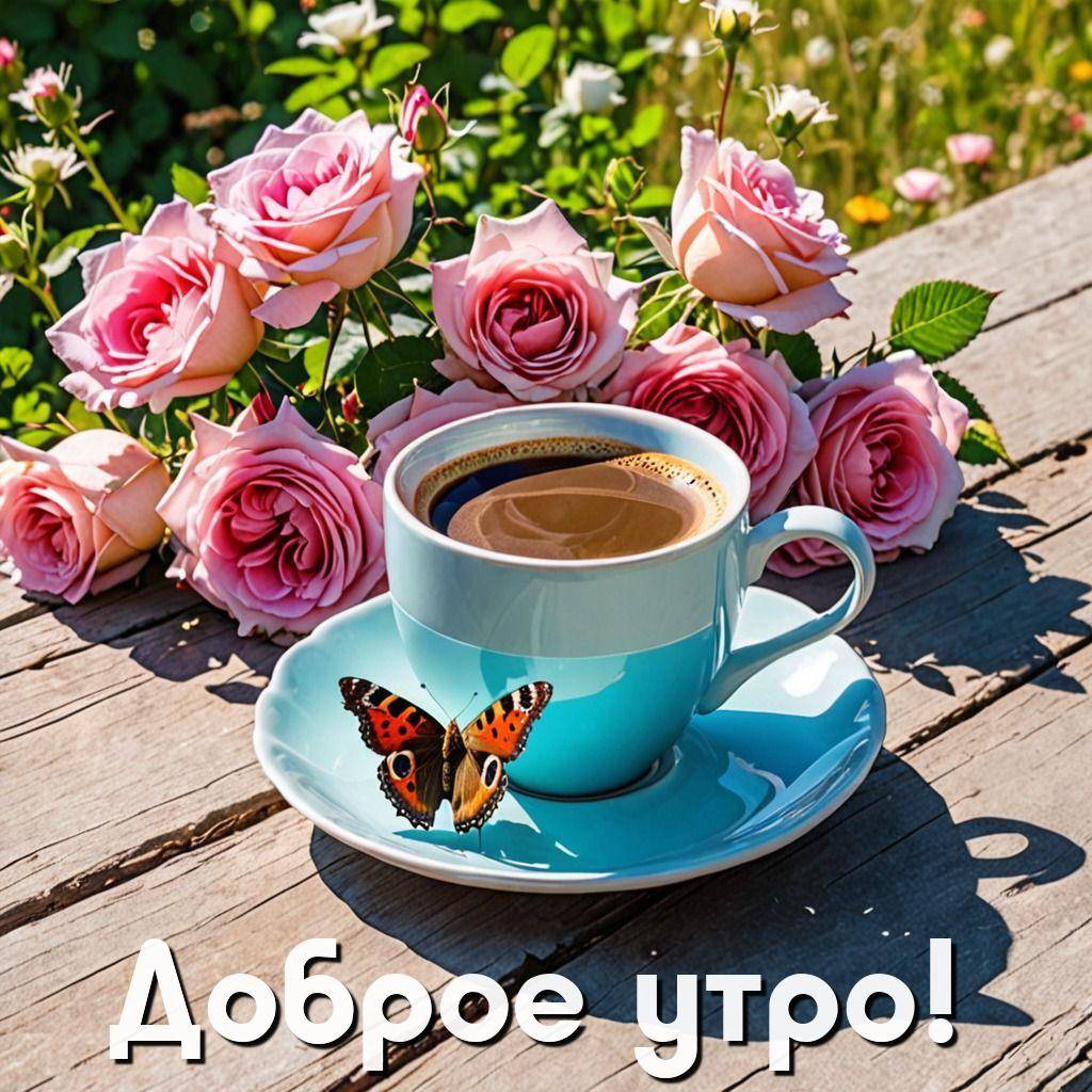 Утро, голубая чашка с кофе и бабочка