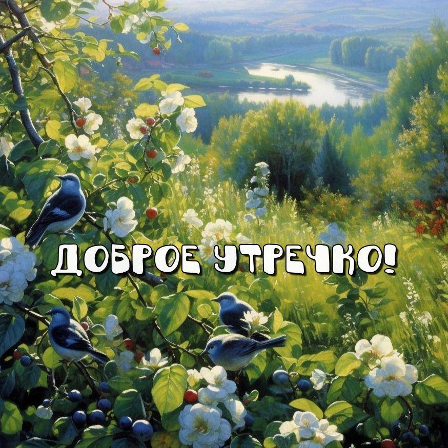 Утро, голубые птицы на ветвях кустарника перед зелёным лугом