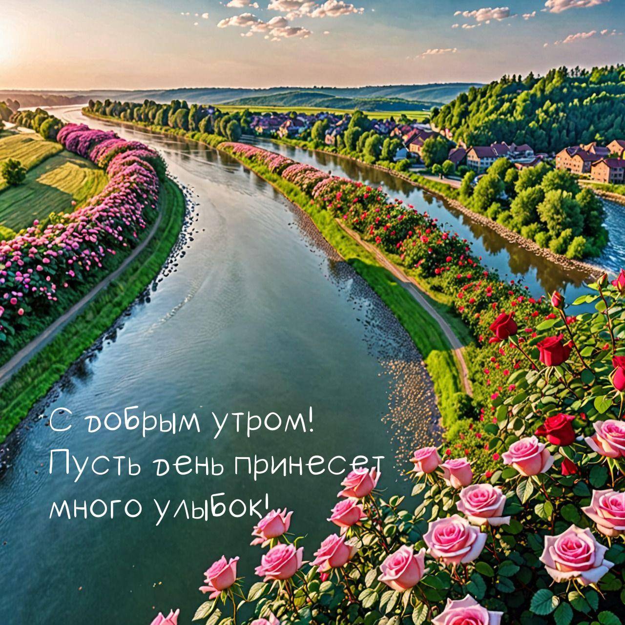 Утро, извилистая река с деревьями и розами вдоль берегов