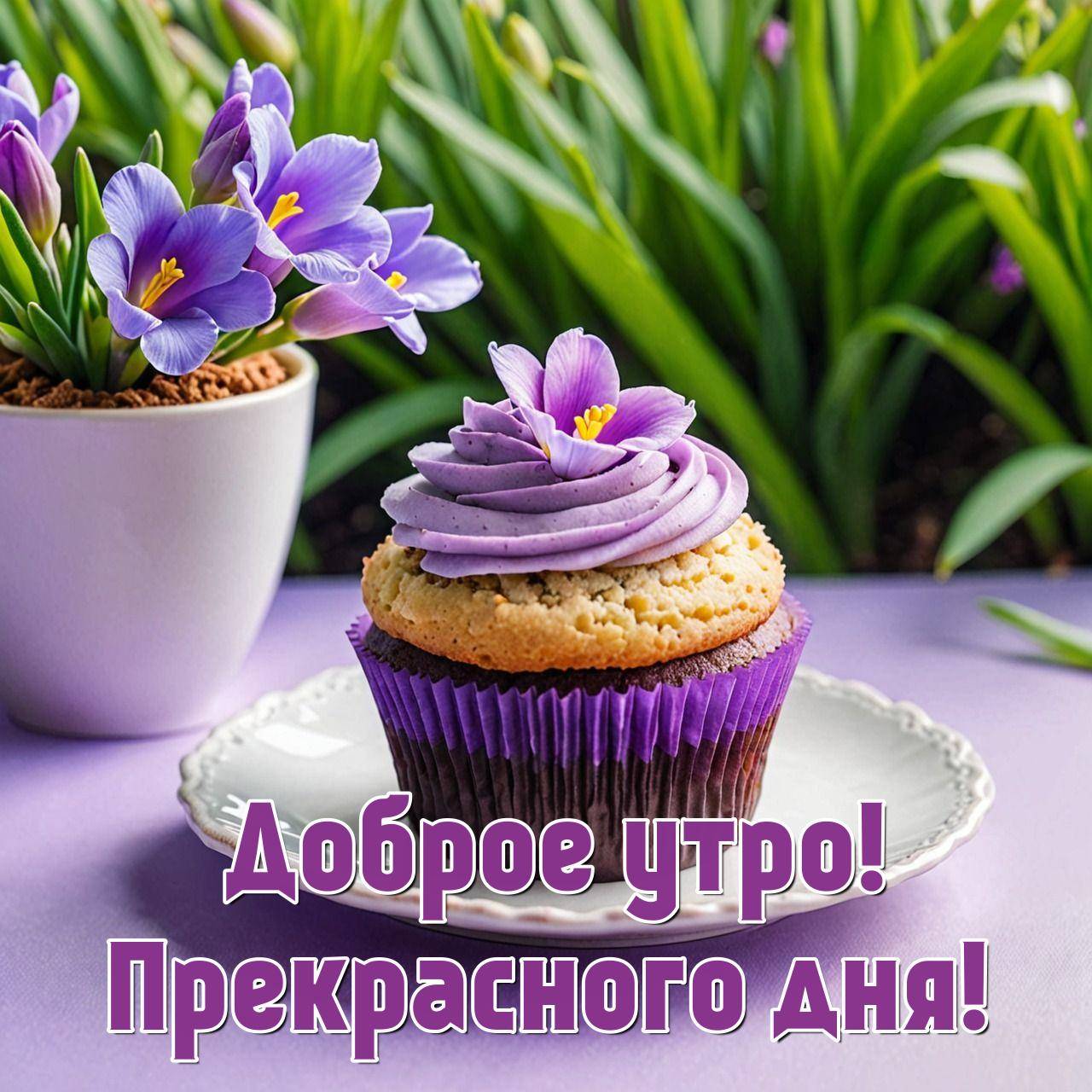 Утро, капкейк с лиловой глазурью и цветком на белой тарелке