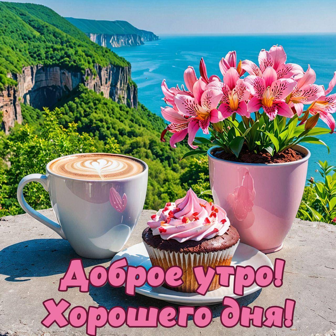 Утро, капучино на фоне моря, пирожное и лилии
