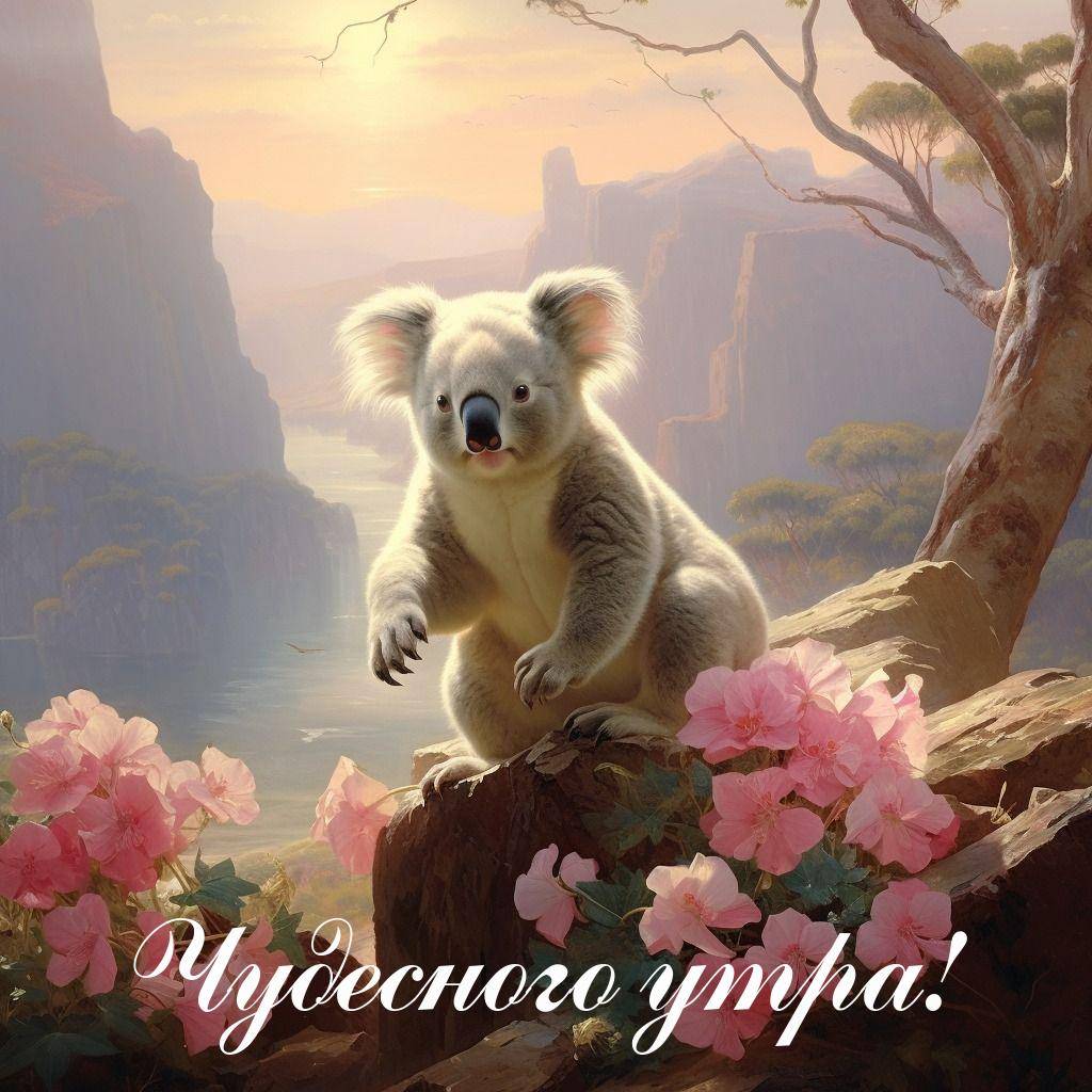 Утро, коала на скале среди розовых цветов
