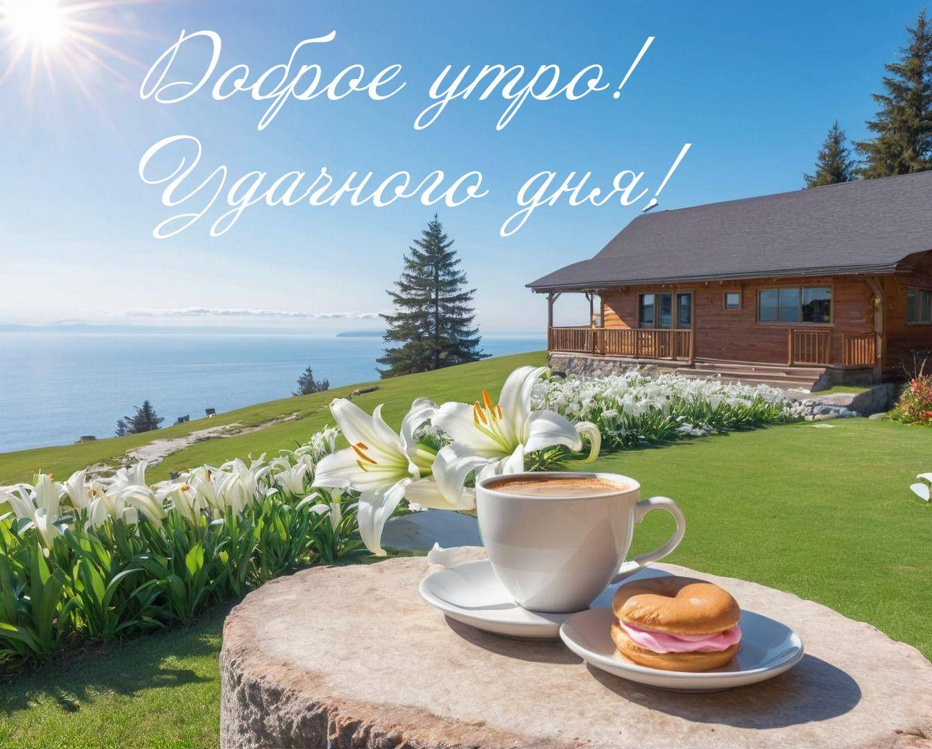 Утро, кофе и пирожное на фоне дома и моря