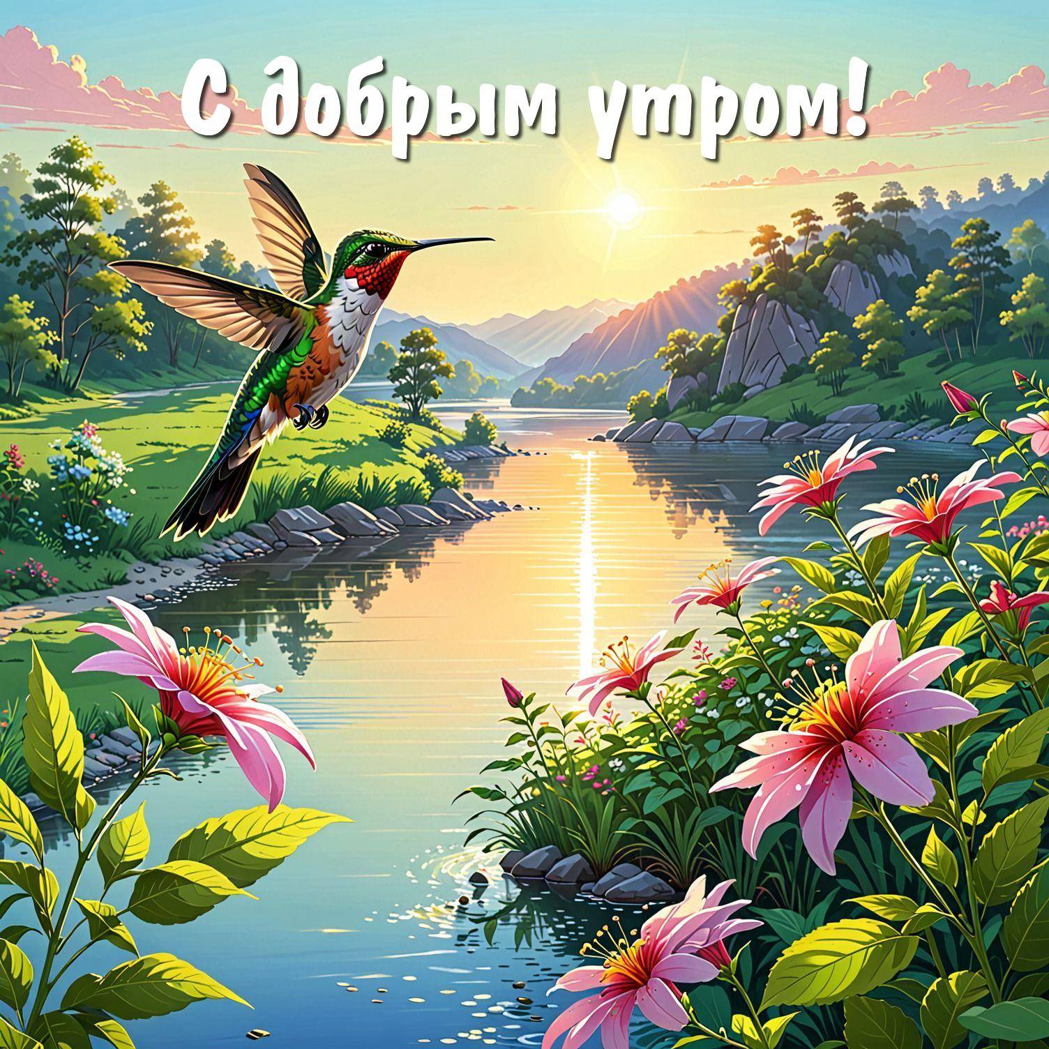 Утро, колибри парит над рекой, окруженной цветами