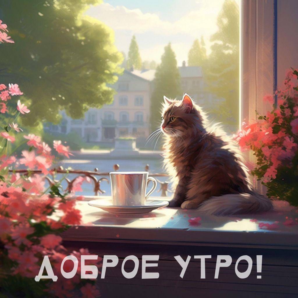 Утро, кот на подоконнике с чашкой и цветами