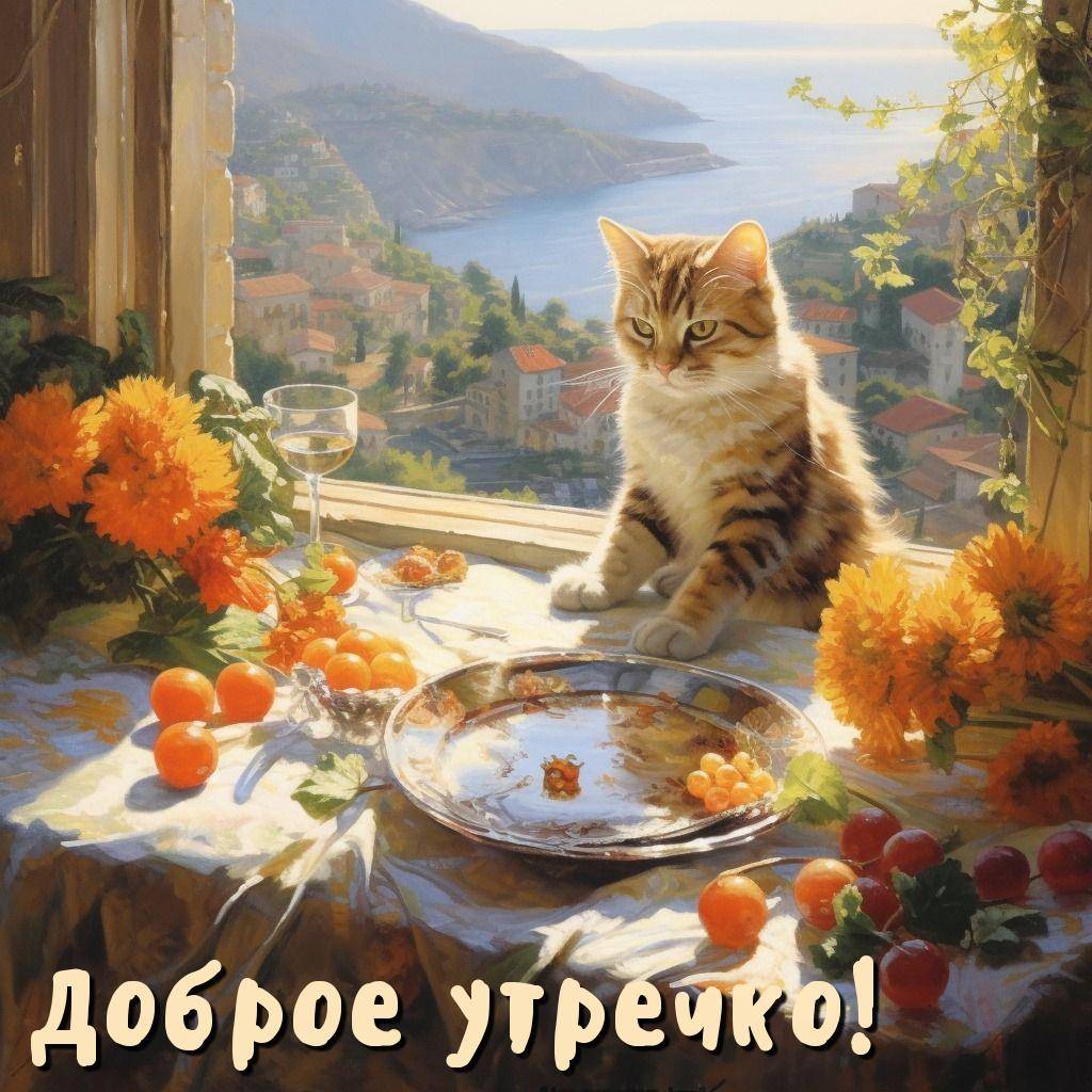 Утро, кот на подоконнике с видом на море и город