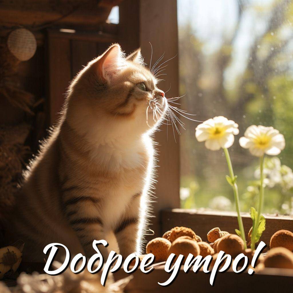 Утро, кот у окна, белые цветы и плоды