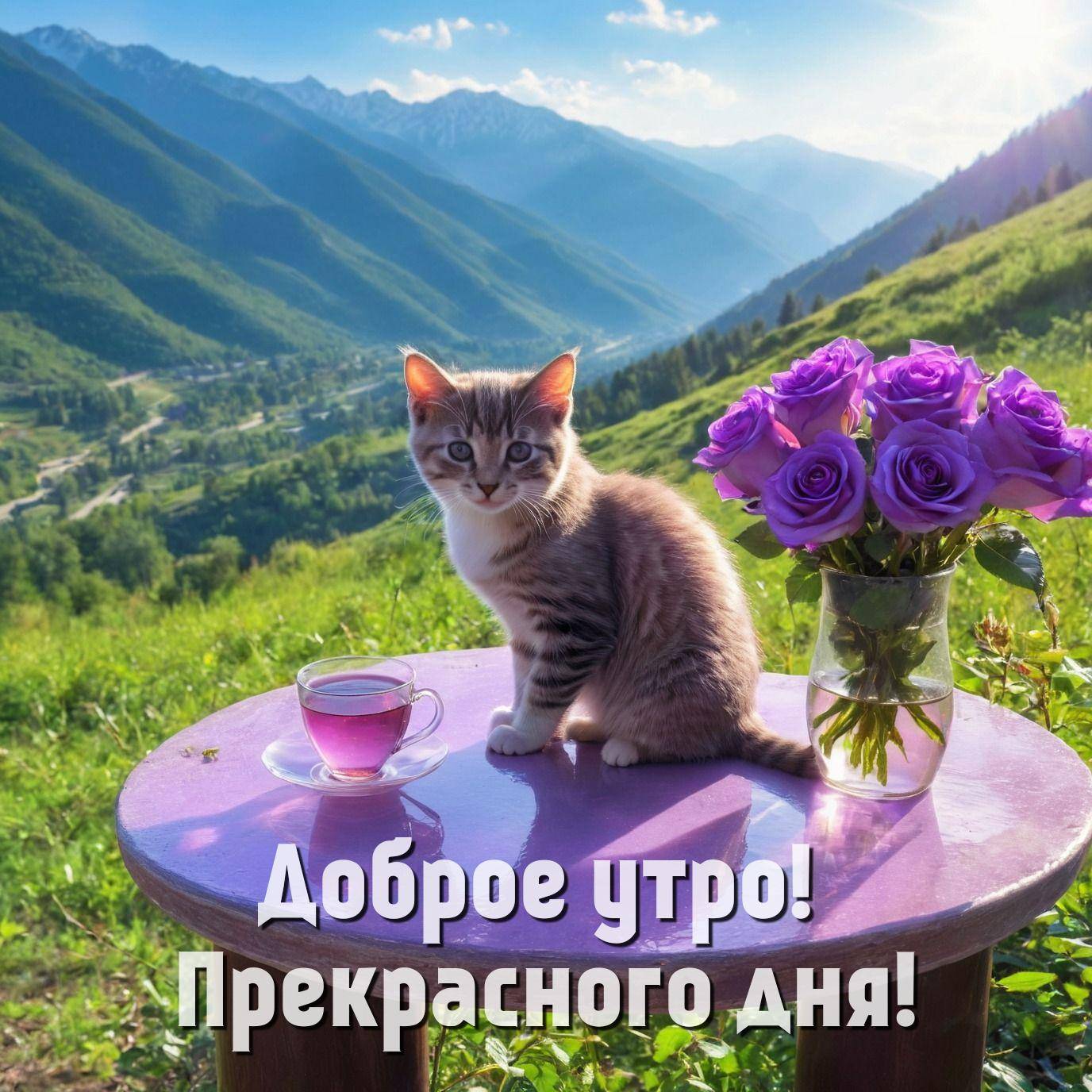 Утро, котенок на сиреневом столе с букетом роз