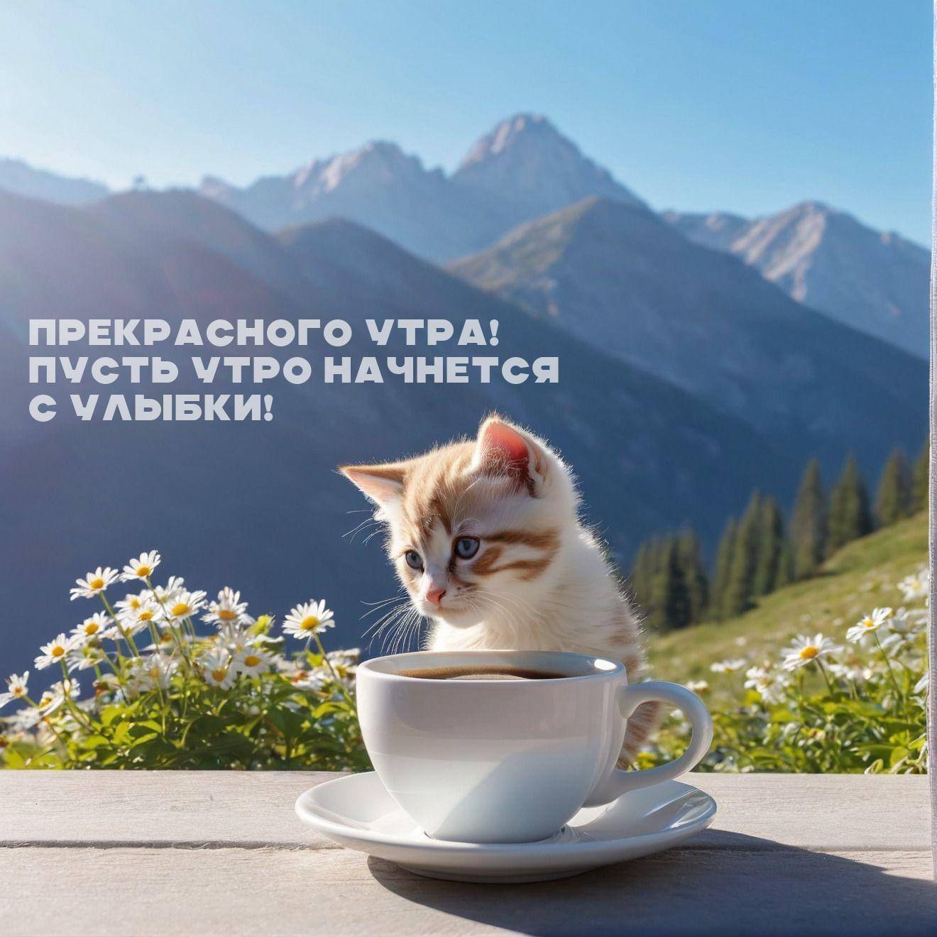 Утро, котенок смотрит на чашку на фоне гор