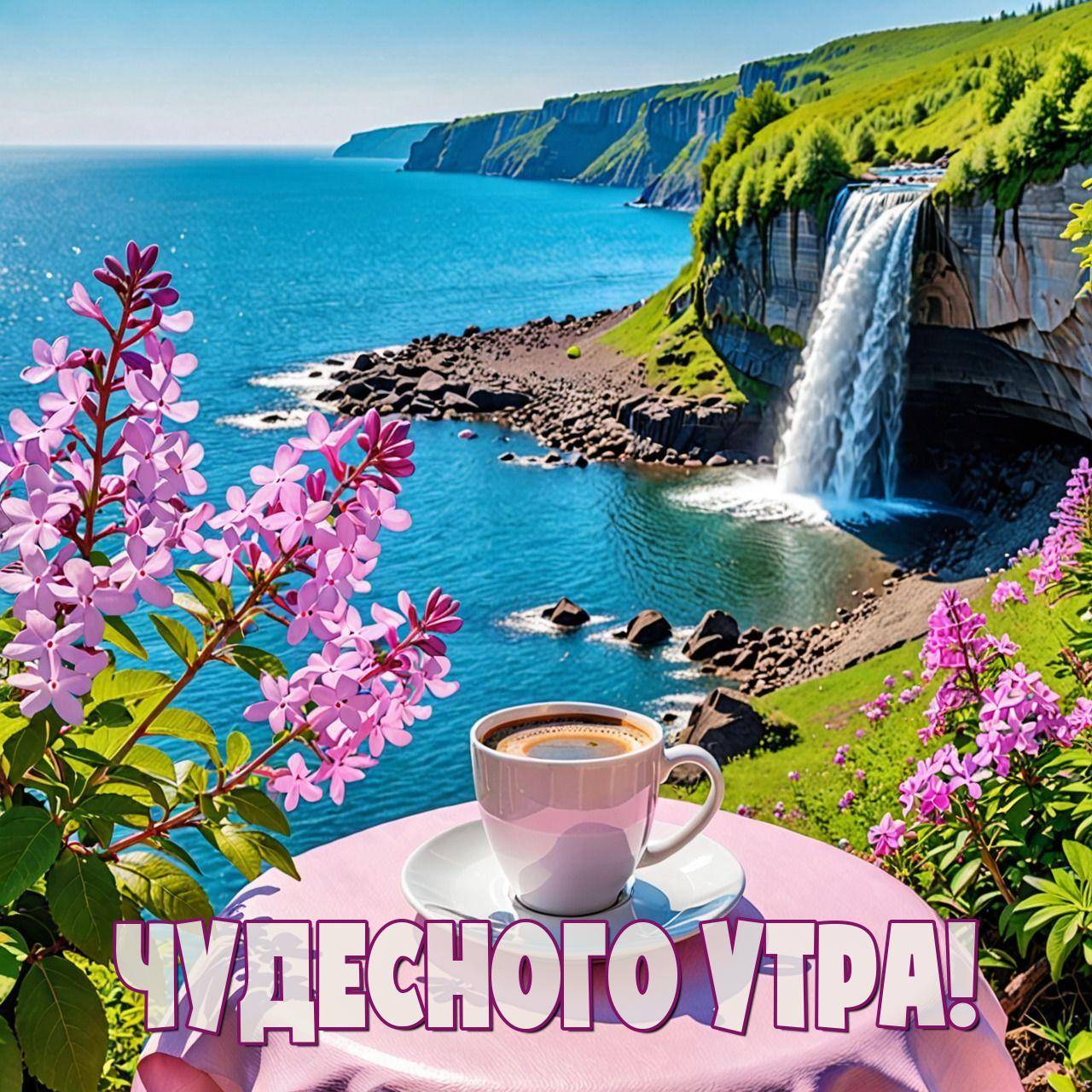 Утро, красивая чашка кофе на фоне моря и холмов