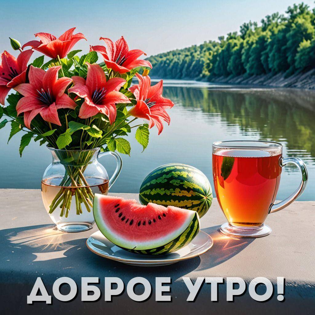 Утро, красивая летняя утро на берегу реки с вазой и арбузами