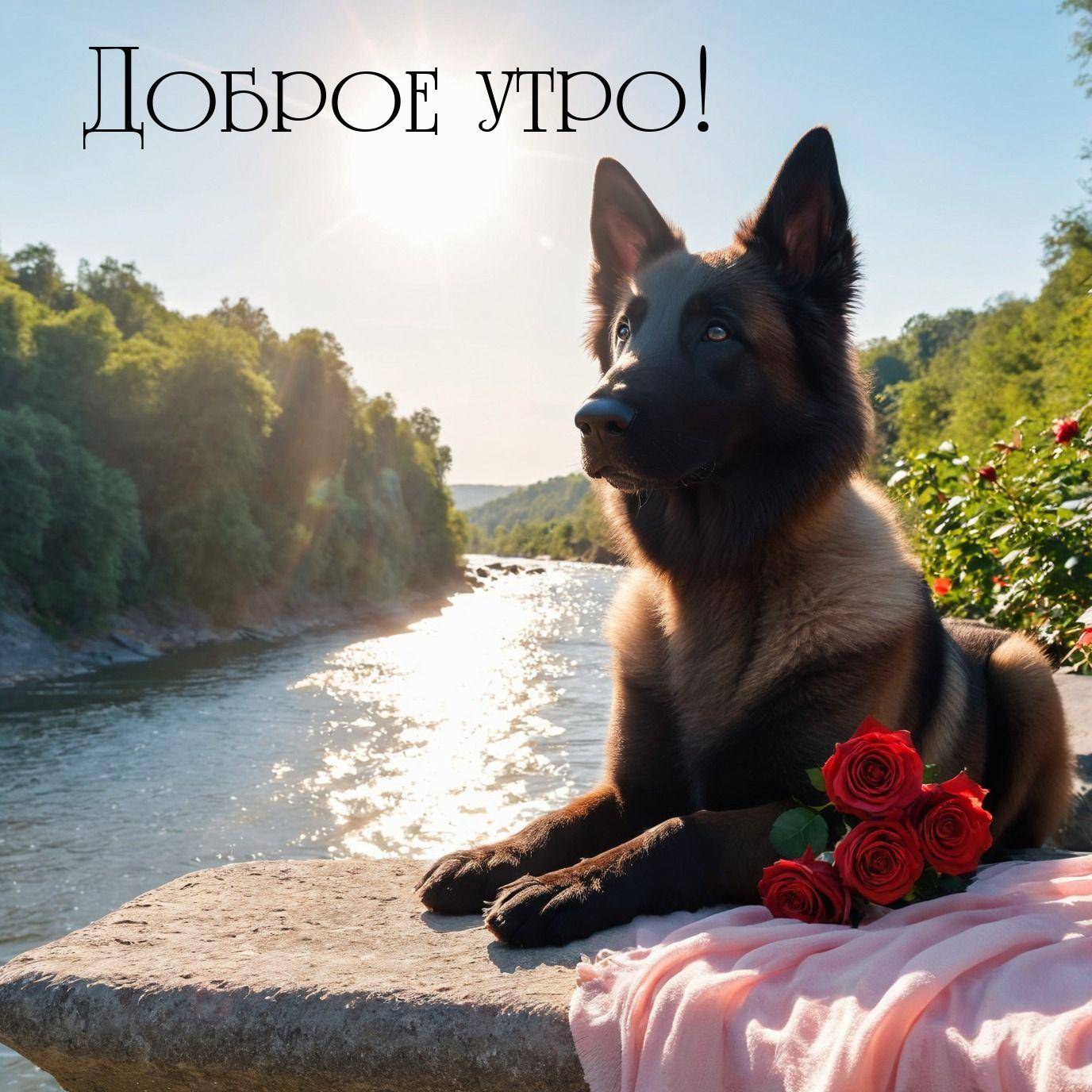 Утро, красивая собака лежит на камне у реки