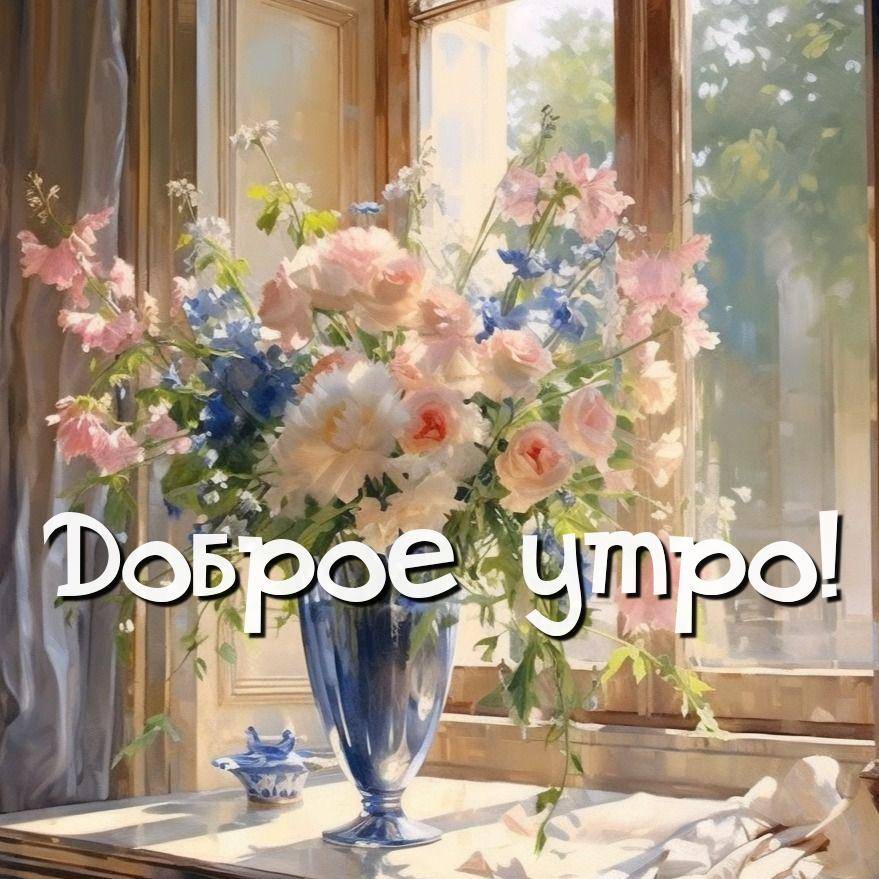Утро, красивая ваза с пышным букетом цветов возле окна