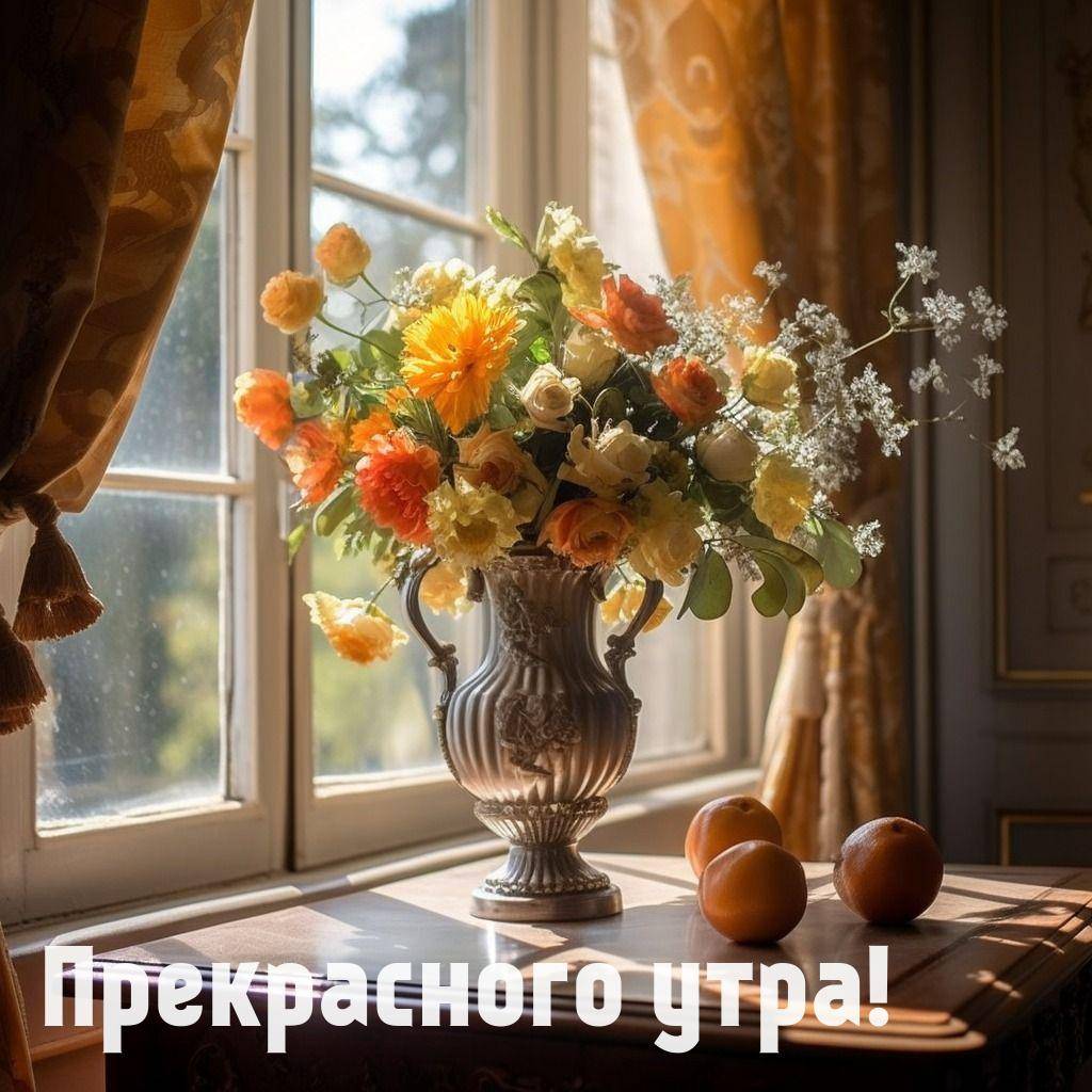 Утро, красивая ваза с цветами на столе у окна