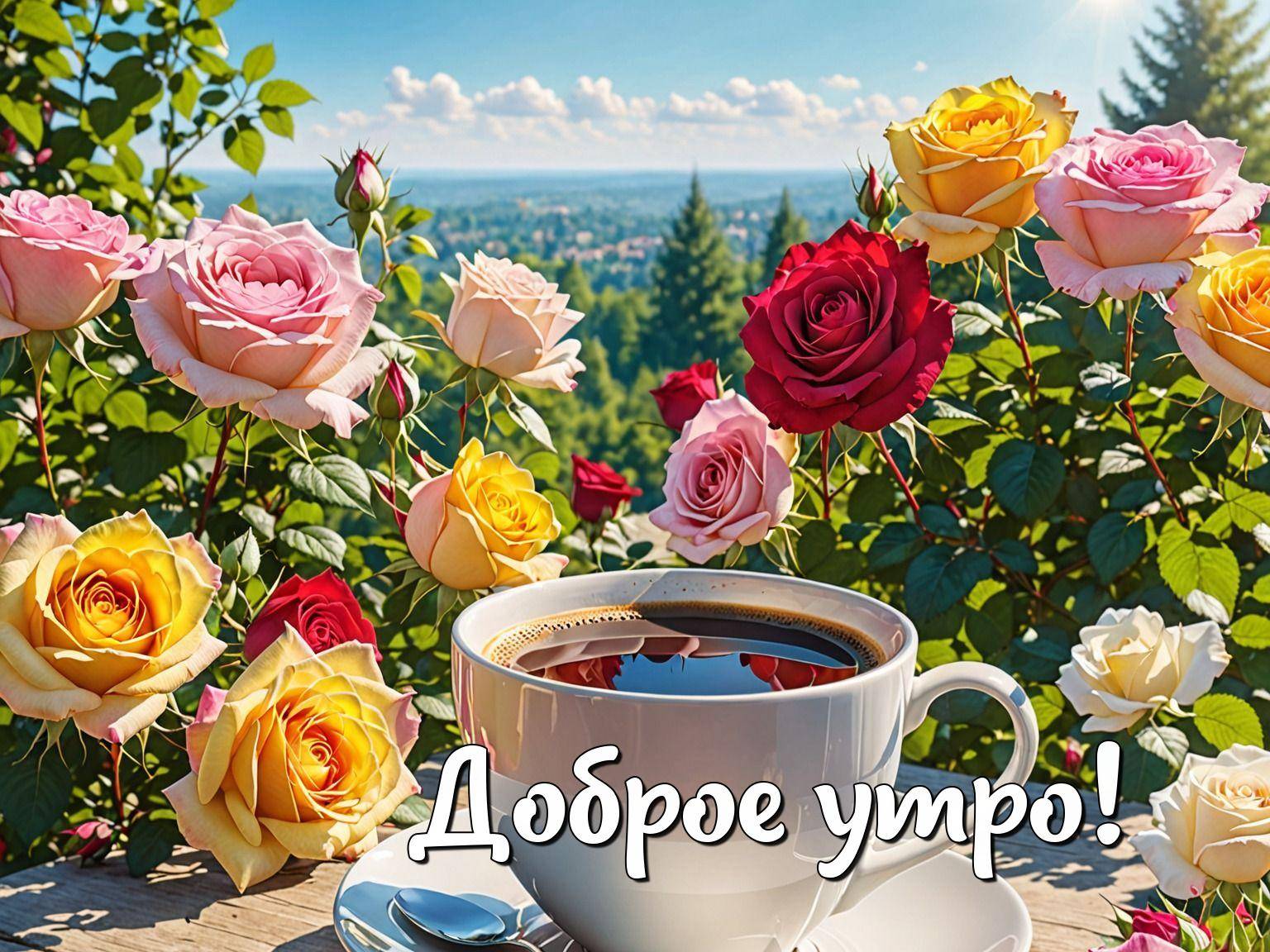 Утро, красивые разноцветные розы с чашкой кофе на деревянной поверхности