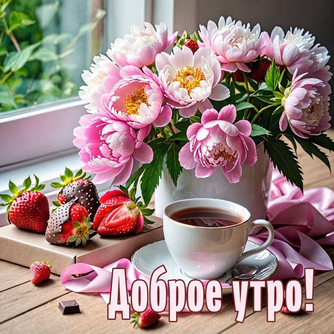 Утро, красивые розовые пионы в вазе и чашка с напитком