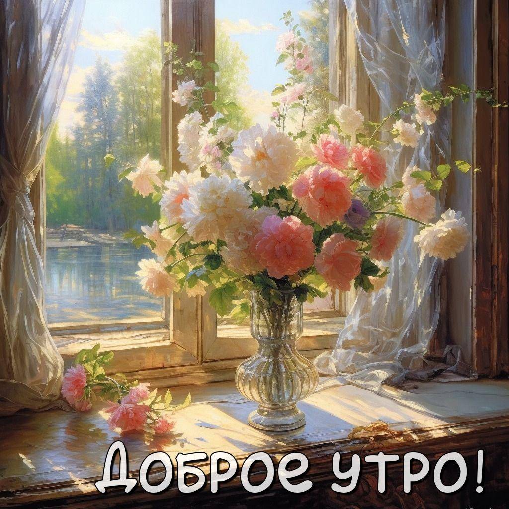 Утро, красивый букет цветов в стеклянной вазе